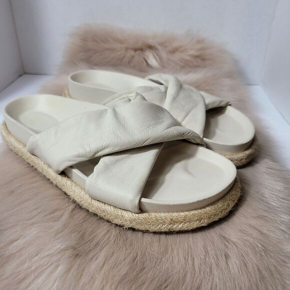 ZARA  Beige Leather Slip On Cross Strap Espadrille Sandals Size 8.5 - Picture 1 of 8